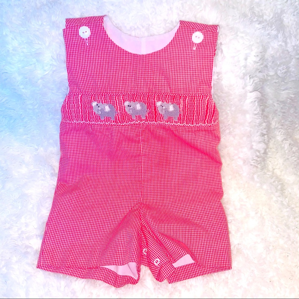 Tricia Hand Smocked Gingham Elephant Romper